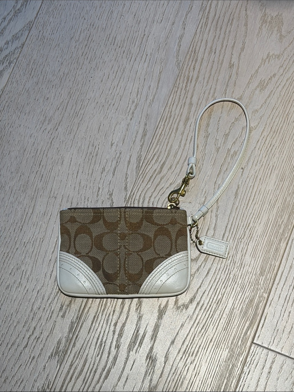 Coach Khaki Signature Canvas Wristlet with White Leather Trim